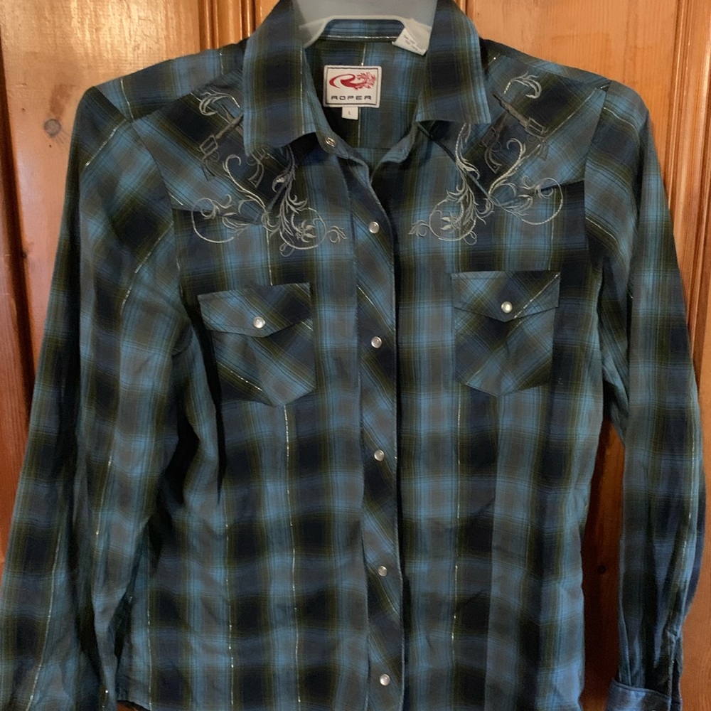 Blue and green button down top